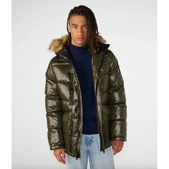 GUESS Hooded Solid Puffer Jacket Army Green Mens Size Large - Picture 1 of 10